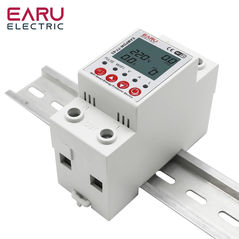 2P 63A TUYA APP WiFi Smart Circuit Earth Leakage Over Under Voltage Protector Relay Device Switch Breaker Energy Power kWh Meter