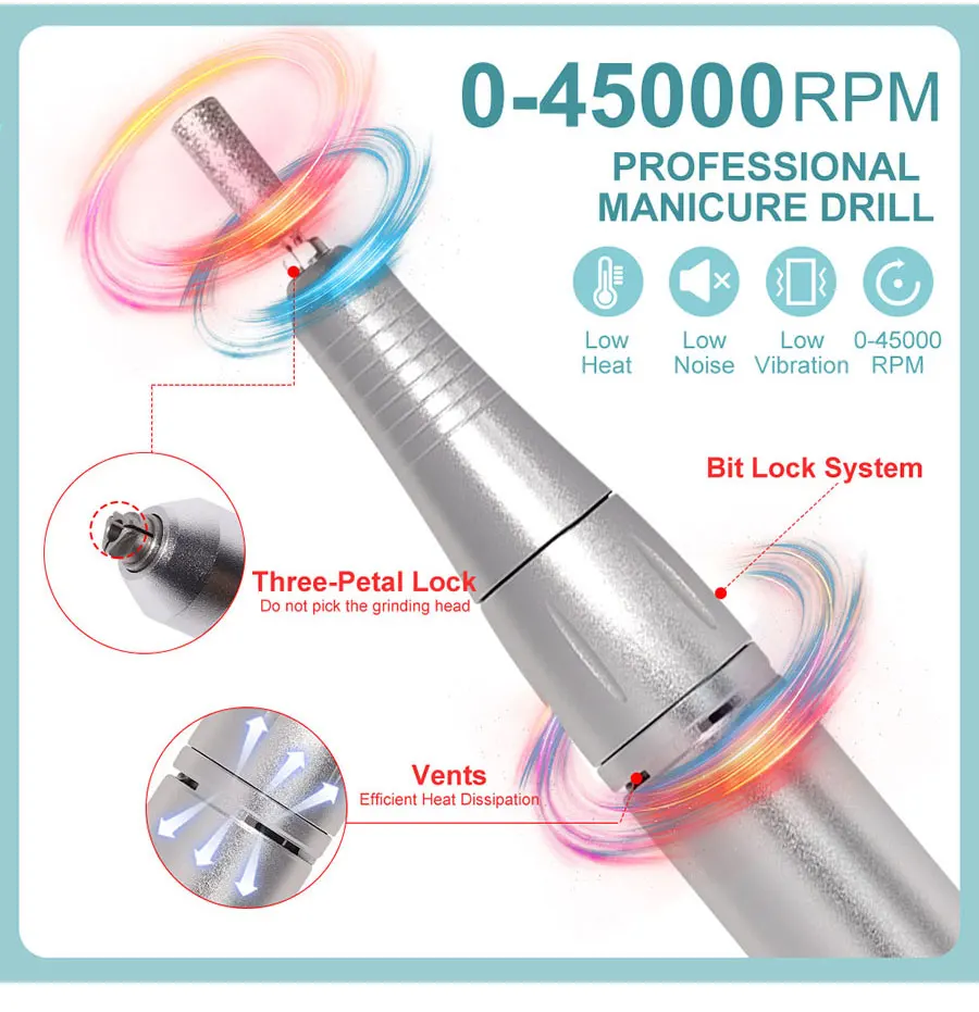 Professional 45000RPM Electric Portable Nail Drill Machine Rechargeable Low Noise Nail Sander File for Manicure Salon Tool