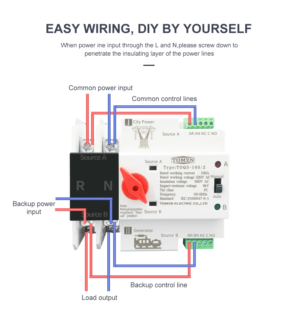 Din Rail 2P 3P 4P ATS Dual Power Automatic Transfer Switch Electrical Selector Switches Uninterrupted Power 63A 100A TOMZN Mini