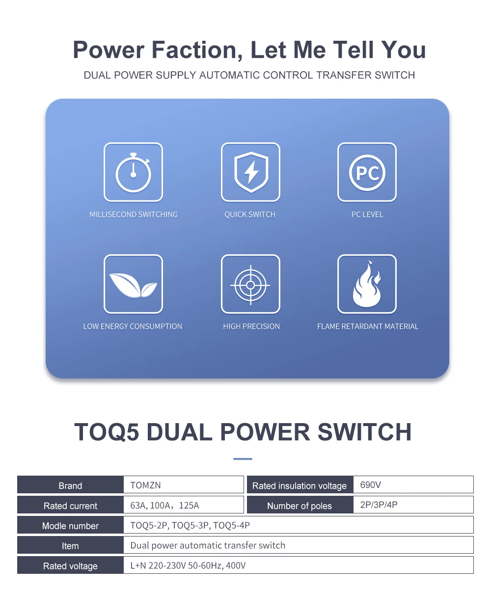 Din Rail 2P 3P 4P ATS Dual Power Automatic Transfer Switch Electrical Selector Switches Uninterrupted Power 63A 100A TOMZN Mini