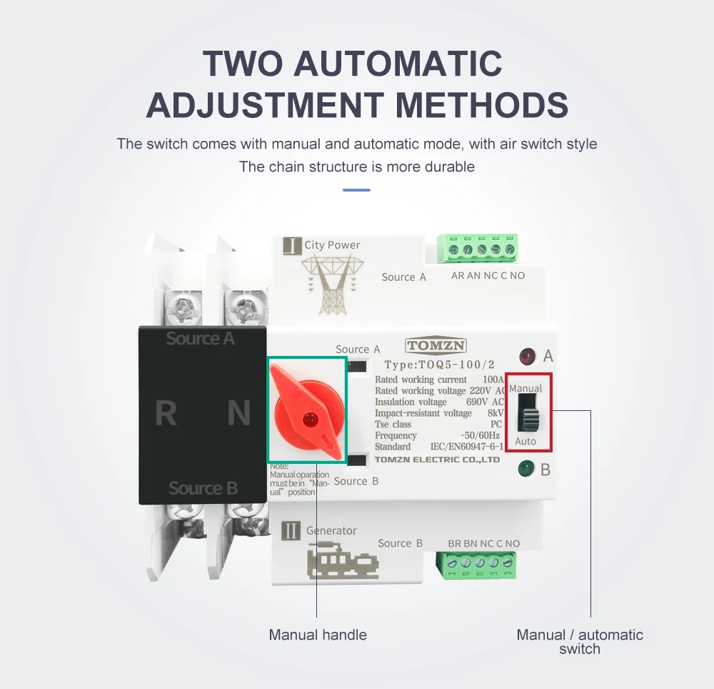 Din Rail 2P 3P 4P ATS Dual Power Automatic Transfer Switch Electrical Selector Switches Uninterrupted Power 63A 100A TOMZN Mini