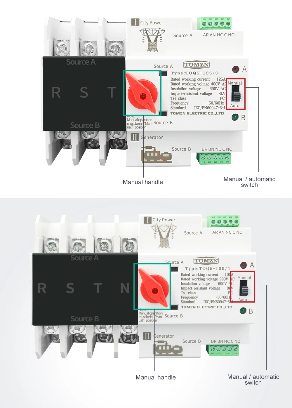 Din Rail 2P 3P 4P ATS Dual Power Automatic Transfer Switch Electrical Selector Switches Uninterrupted Power 63A 100A TOMZN Mini