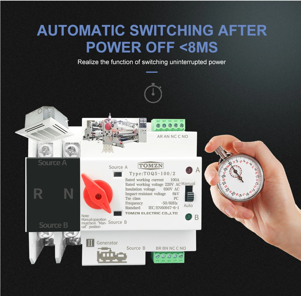 Din Rail 2P 3P 4P ATS Dual Power Automatic Transfer Switch Electrical Selector Switches Uninterrupted Power 63A 100A TOMZN Mini