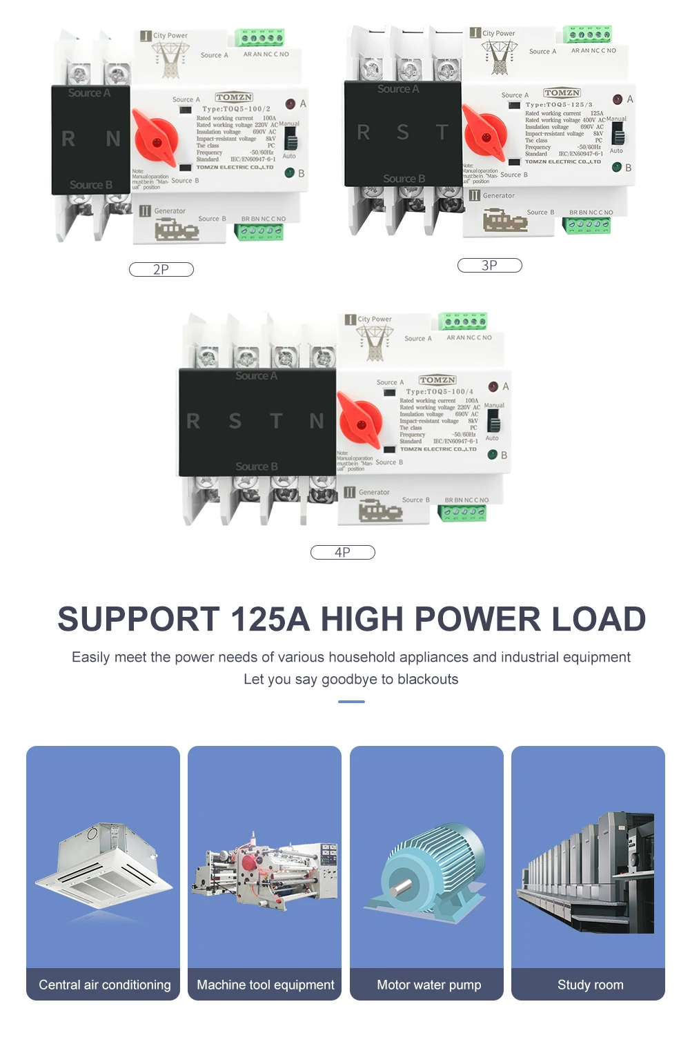 Din Rail 2P 3P 4P ATS Dual Power Automatic Transfer Switch Electrical Selector Switches Uninterrupted Power 63A 100A TOMZN Mini