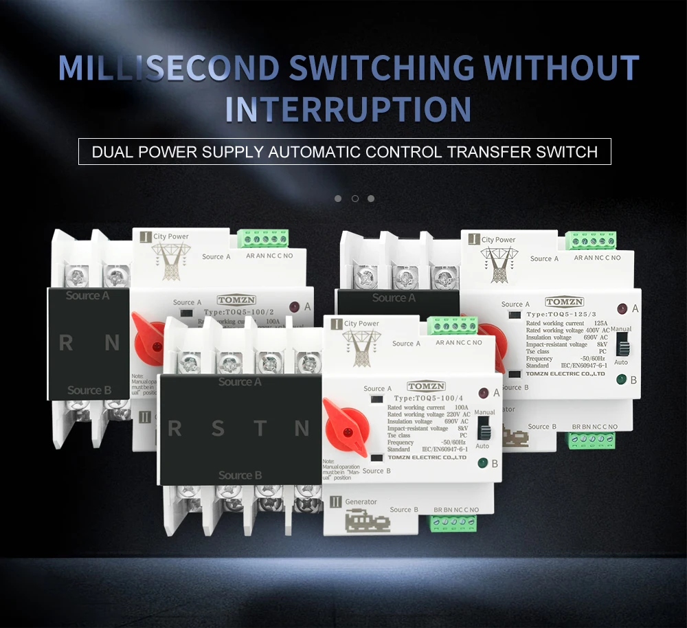 Din Rail 2P 3P 4P ATS Dual Power Automatic Transfer Switch Electrical Selector Switches Uninterrupted Power 63A 100A TOMZN Mini