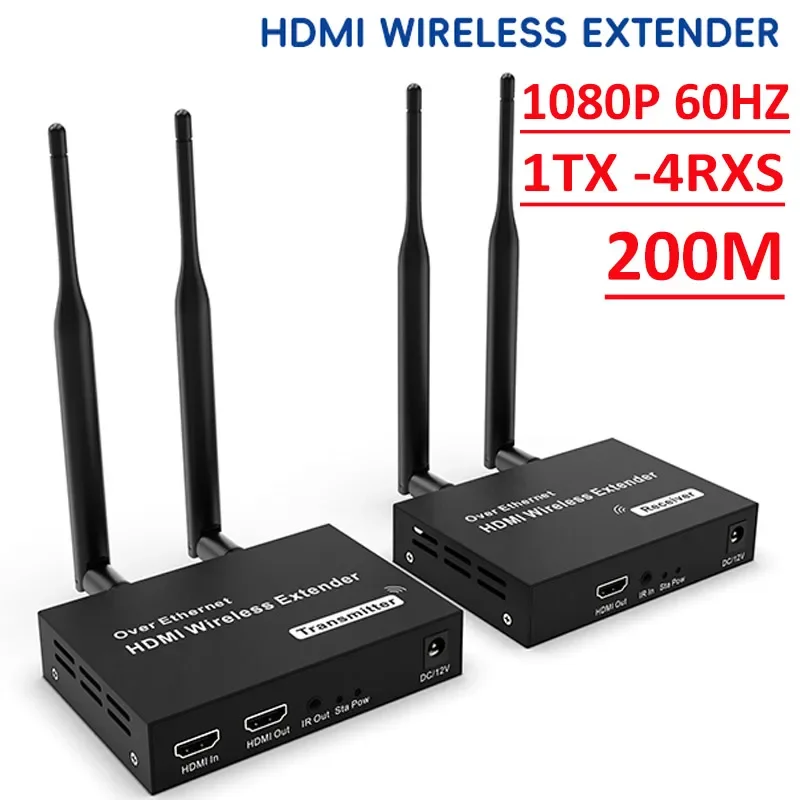 Wireless HDMI Transmitter Receiver Extender 1 TX-4 RX 200m 5.8GHz 1080P Audio Video Extender Kit with IR HDMI Loop-Out For TV