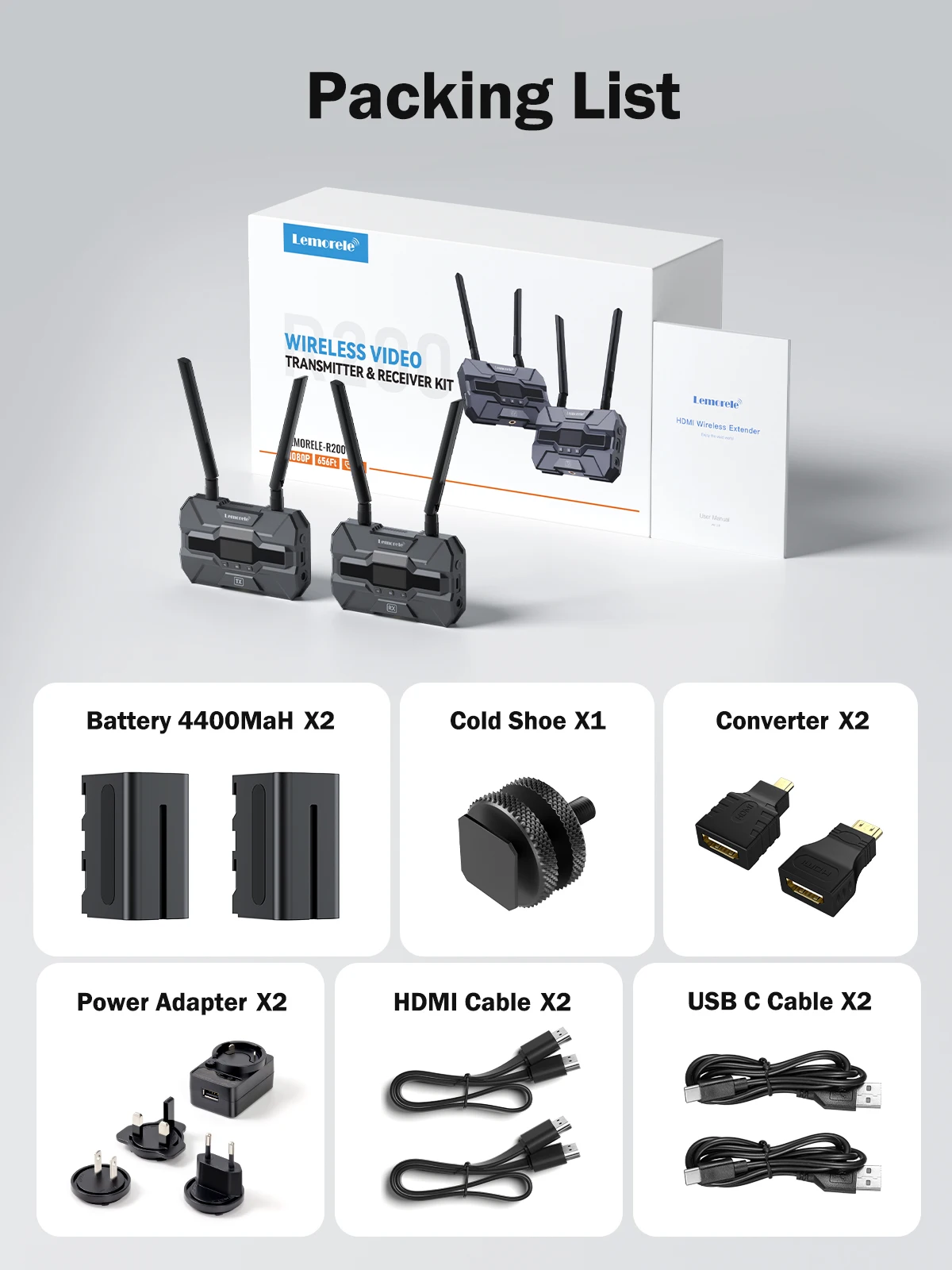 Lemorele R200 Wireless Transmission with dual HDMI Display Extender kit 200M Support NP-F750 5.8Ghz For Camera Live / PC To TV