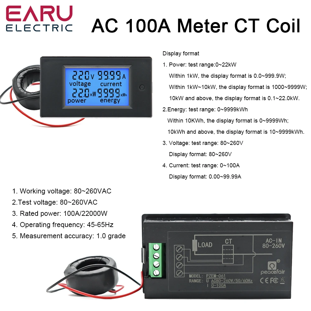 20A 100A AC 80-260V DC 6.5-100V Digital LED Display Voltmeter Ammeter Wattmeter Power Energy Meter 12V 24V 110V 220V Volt Tester