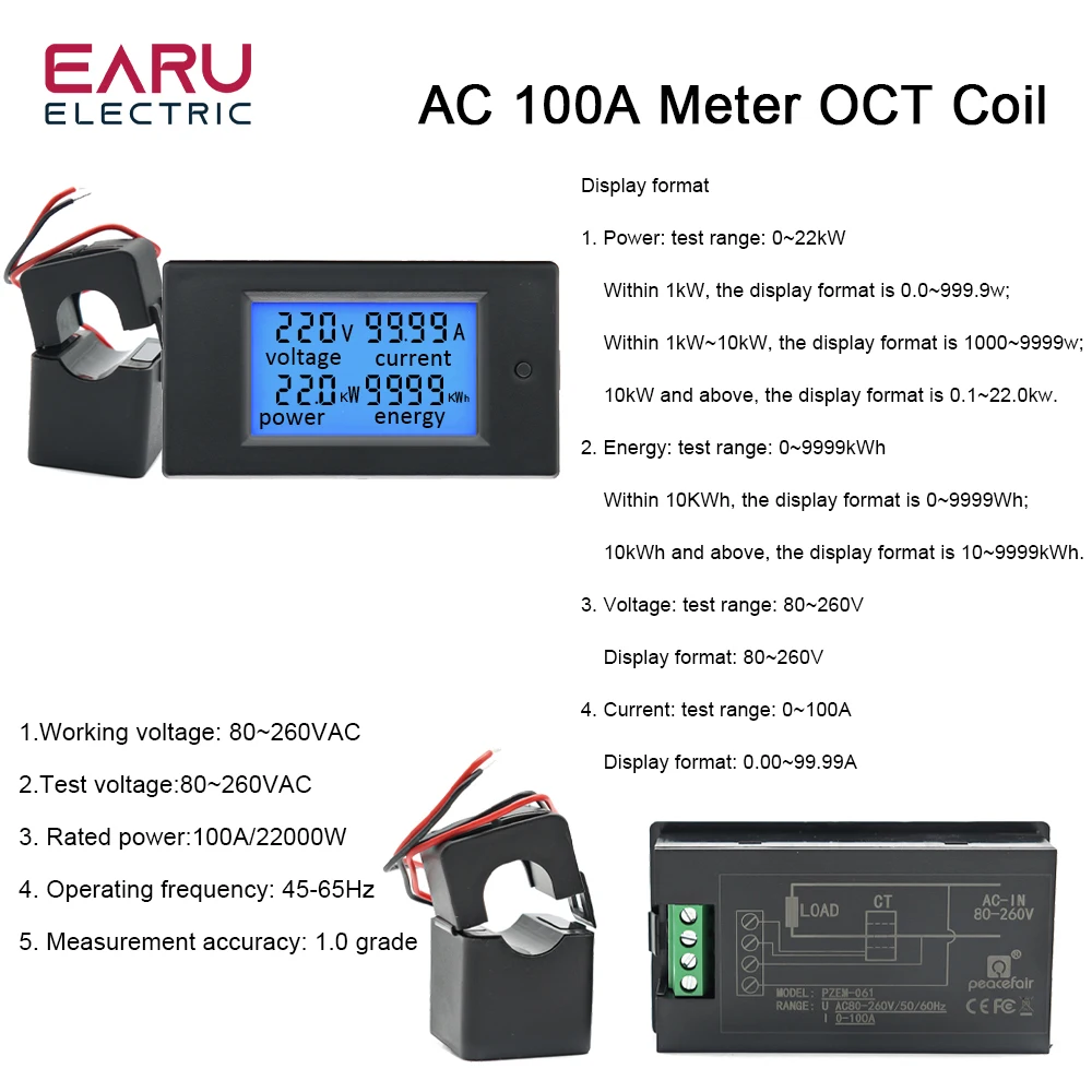 20A 100A AC 80-260V DC 6.5-100V Digital LED Display Voltmeter Ammeter Wattmeter Power Energy Meter 12V 24V 110V 220V Volt Tester