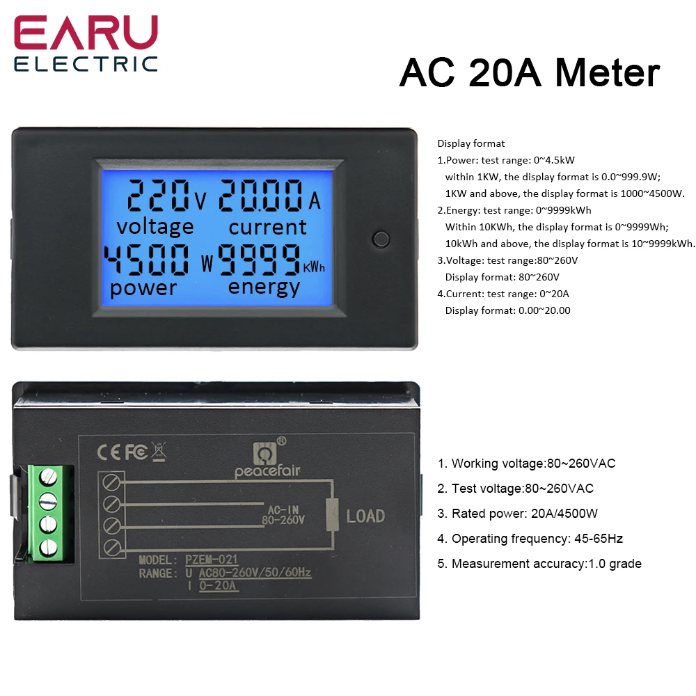 20A 100A AC 80-260V DC 6.5-100V Digital LED Display Voltmeter Ammeter Wattmeter Power Energy Meter 12V 24V 110V 220V Volt Tester