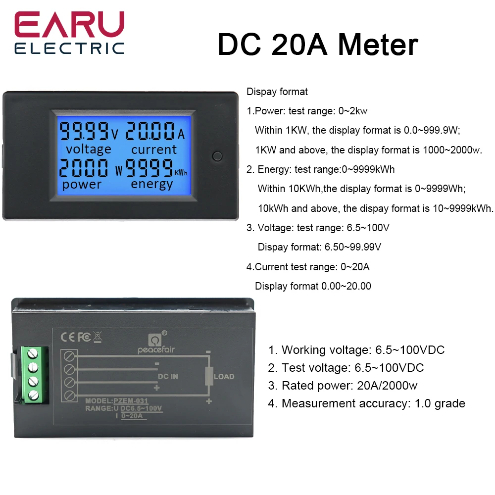 20A 100A AC 80-260V DC 6.5-100V Digital LED Display Voltmeter Ammeter Wattmeter Power Energy Meter 12V 24V 110V 220V Volt Tester